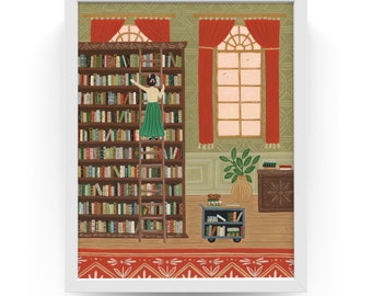 The Librarian | Illustrated Art Print | Whimsical Home Decor | Book Lover Artwork | Bedroom, Office & Reading Nook Wall Art | Made In Canada