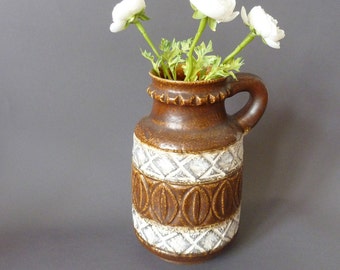 Large vintage hand vase of Bay, dark brown white-gray with ornaments, flower vase, ceramic vase, WGP, Mid Century