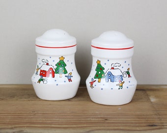 2 large winter themed salt and pepper shakers, ceramic shakers, kitchen decoration, spice shakers, vintage kitchen utensil, gift