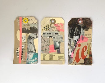 Set of 3 collage gift tags, collage tag, mixed media sketch tags, art tag, original collage tags