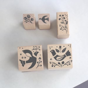 Conjunto de sellos motivos de pájaros, naturaleza, 5 sellos, motivos de pájaros y flores, diarios de bala, diario de viaje, álbum de recortes, diseño de diario de arte,