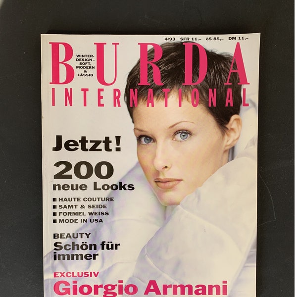 Burda international hiver 1993, magazine de mode, livret de mode, patron de couture au look de créateur, mode des années 1990, couture, mode, femmes