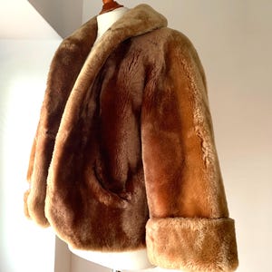 Puede incluir: Chaqueta de piel sint&eacute;tica marr&oacute;n con cuello ancho y pu&ntilde;os doblados. La chaqueta se exhibe en un maniqu&iacute; blanco y tiene un aspecto suave y texturizado. La chaqueta tiene un solo bolsillo.