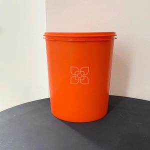 Può includere: Un contenitore di plastica arancione con coperchio. Il contenitore ha una forma cilindrica e un disegno floreale bianco sul davanti. Il contenitore è appoggiato su una superficie scura.