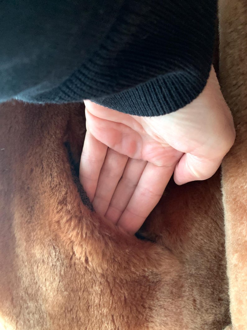Puede incluir: Primer plano de una mano que alcanza un bolsillo marr&oacute;n y afelpado. El bolsillo es parte de una tela marr&oacute;n m&aacute;s grande y texturizada. La manga de un su&eacute;ter negro es visible en la parte superior de la imagen.