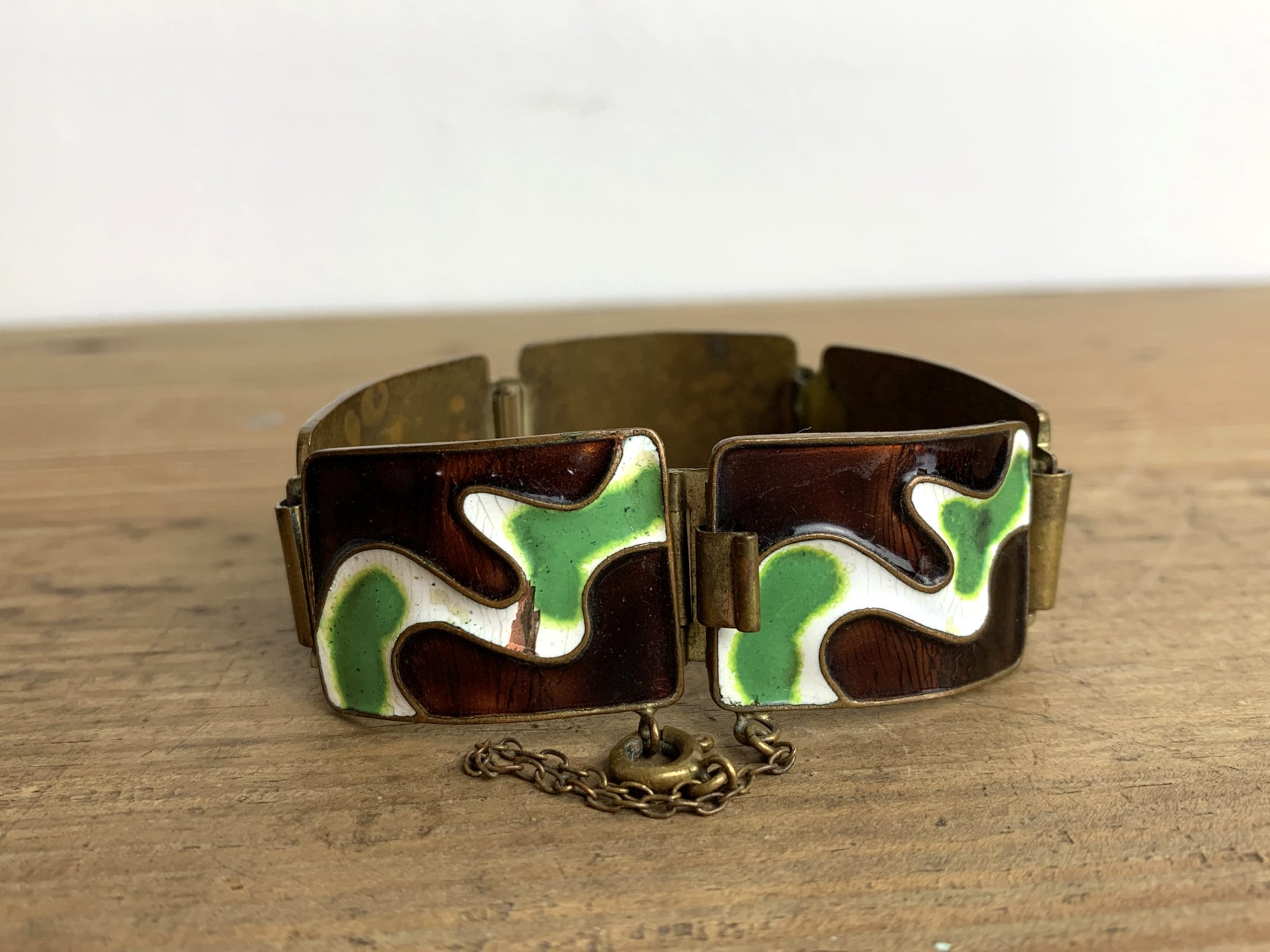 Bracelet Plaquette émaillé Vintage Années 70 - Vert, En Cuivre Et émail, Bijou De Créateur Occasion