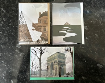 Art Greetings Cards, France, Paris, Arc de Triomphe, Louvre Museum, Mont Saint-Michel