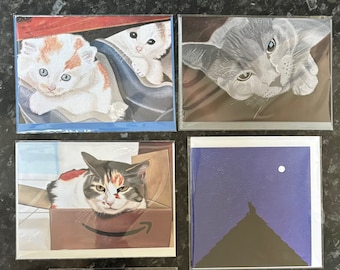 Art Greetings Cards, cats, dogs, funny kittens, grey tabby cat, calico cat, black cat and moon