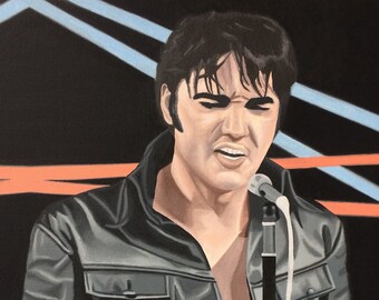 Elvis Presley, limited edition print of original oil painting, 68 special, black leather, rock and roll, American singer, wall art