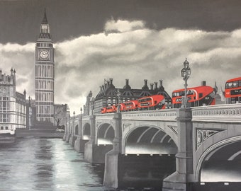 London Buses on Westminster Bridge, black and white painting, red accent, original art