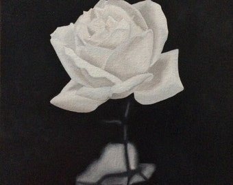 White Rose, original oil painting on canvas, black and white, framed ready to hang
