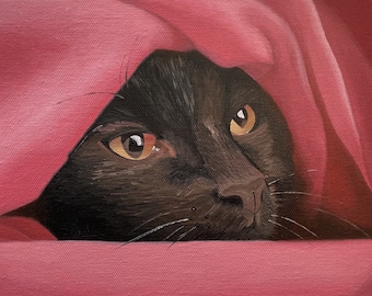 Cat In A Pink Blanket, limited edition print of original oil painting, black cat, funny cat wall art, cute