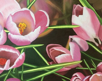 ピンクのクロッカスの油絵：春の花畑、額入りアート（26x18） - Etsy 日本