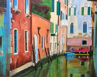 Venice, limited edition print of original oil painting, colourful buildings, architecture, canal, reflections, green, orange