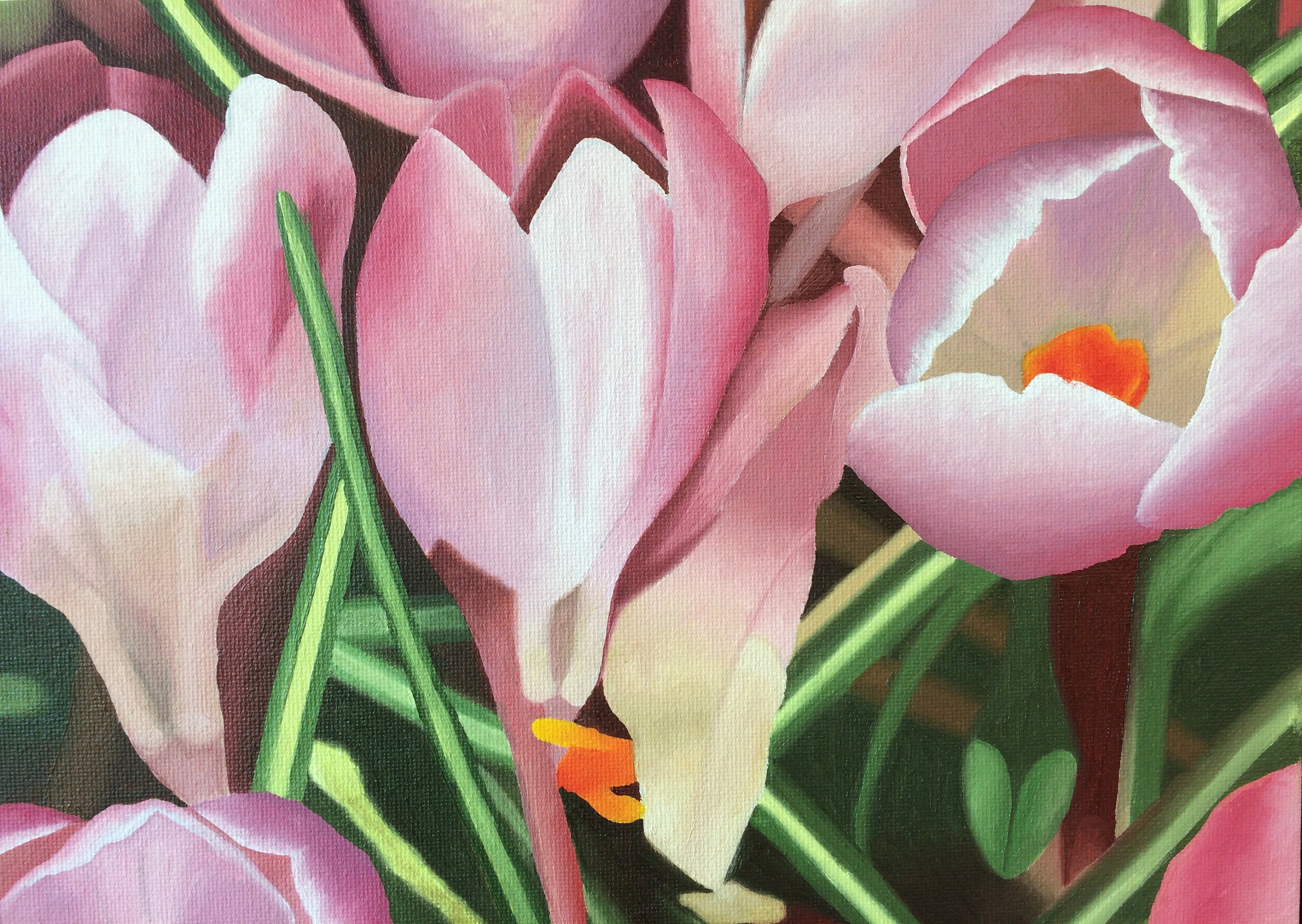 ピンクのクロッカスの油絵：春の花畑、額入りアート（26x18） - Etsy 日本