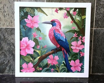 熱帯の鳥の油絵：ピンクのジャングルの花、額入りキャンバスアート