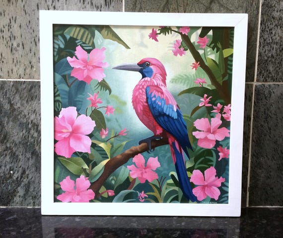 熱帯の鳥の油絵：ピンクのジャングルの花、額入りキャンバスアート
