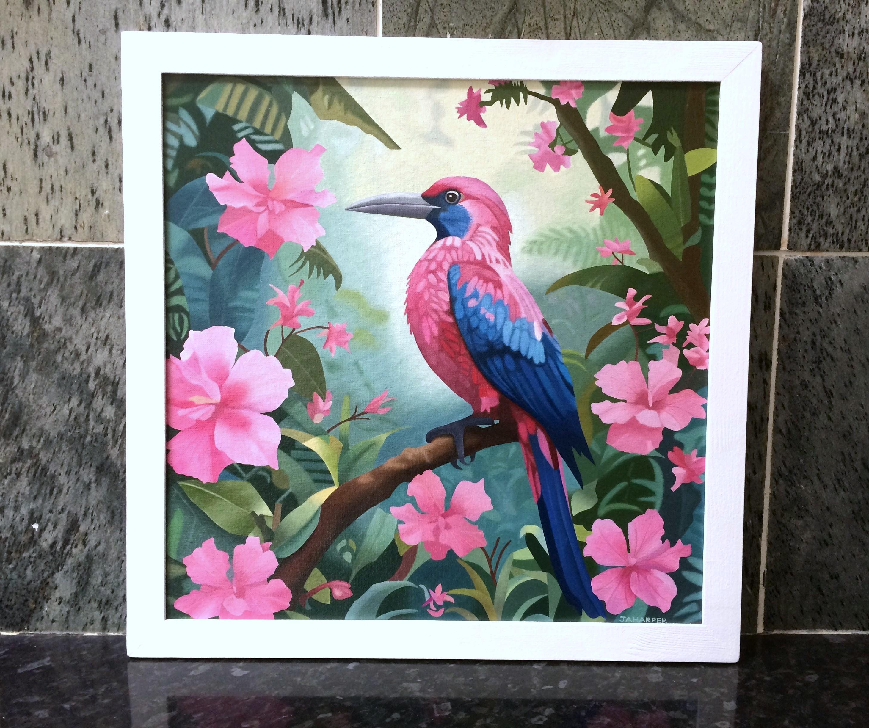 熱帯の鳥の油絵：ピンクのジャングルの花、額入りキャンバスアート