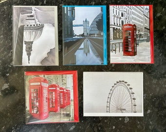 Art Greetings Cards, London, telephone boxes, St Paul's Cathedral, Tower Bridge, London Eye