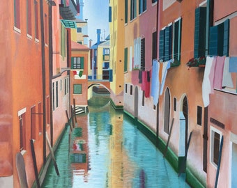 Venice II, limited edition print of original oil painting, colourful buildings, architecture, canal, reflections, orange