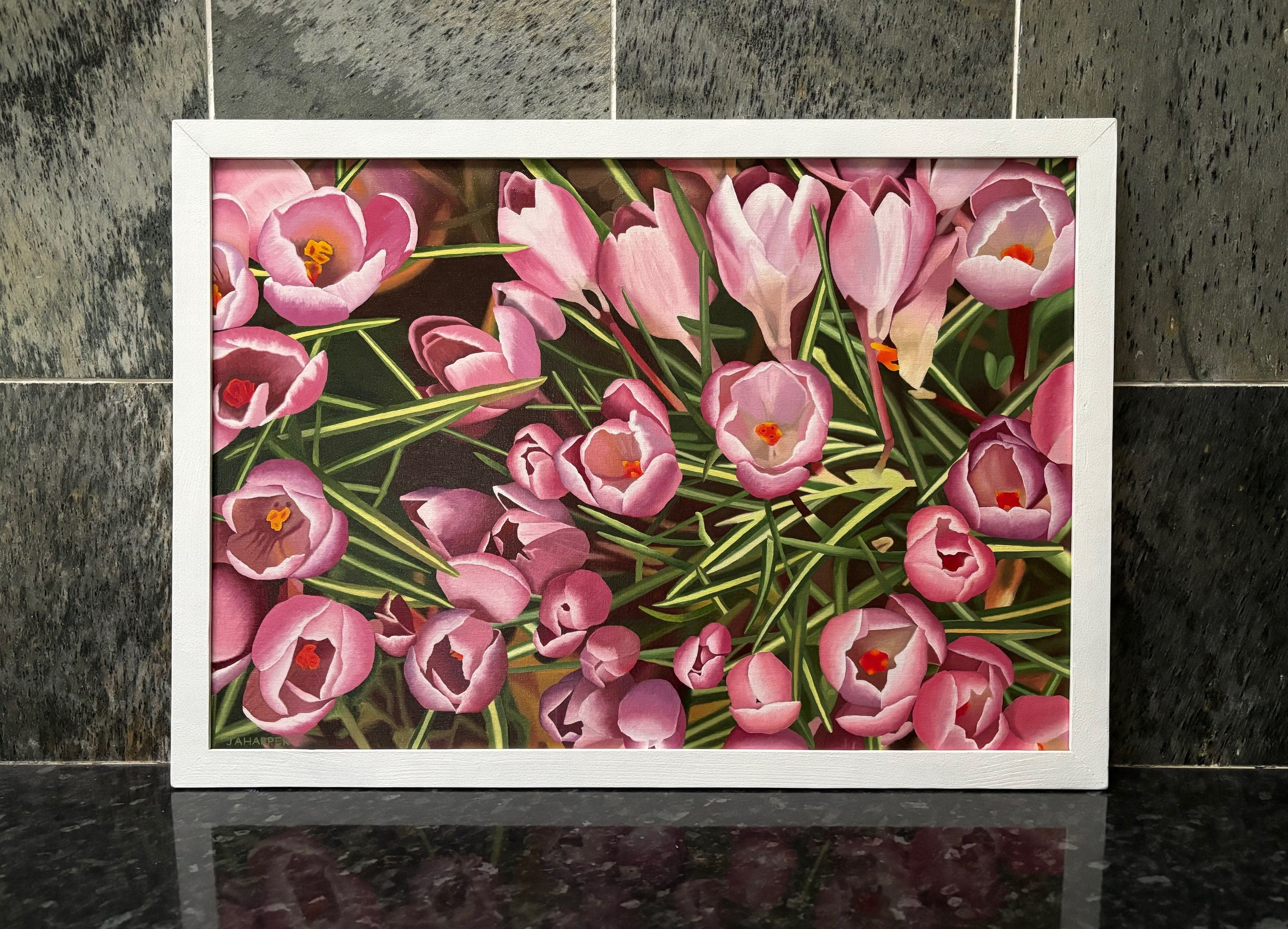 Pink Crocus Oil Painting: Spring Floral Field, Framed Art (26x18