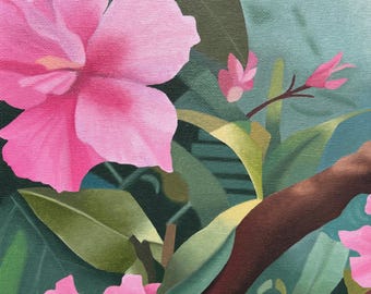 熱帯の鳥の油絵：ピンクのジャングルの花、額入りキャンバスアート