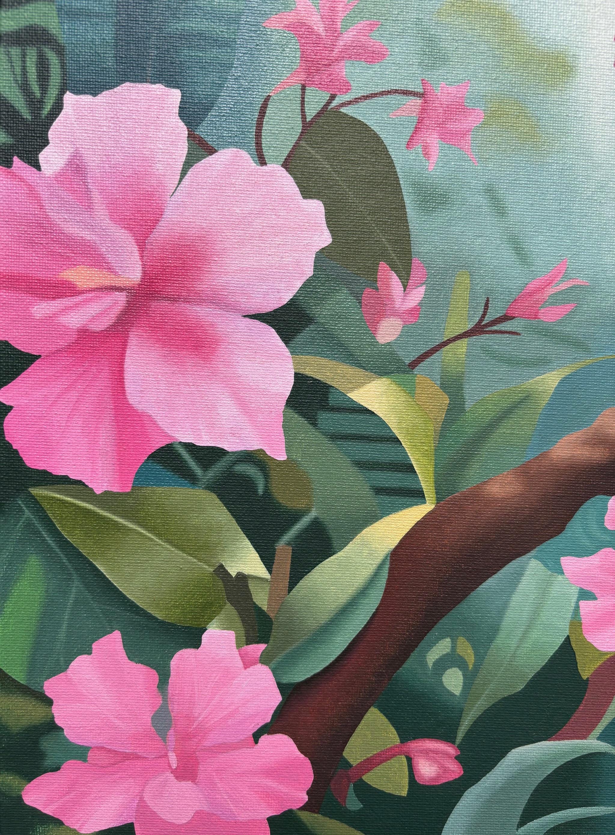 熱帯の鳥の油絵：ピンクのジャングルの花、額入りキャンバスアート