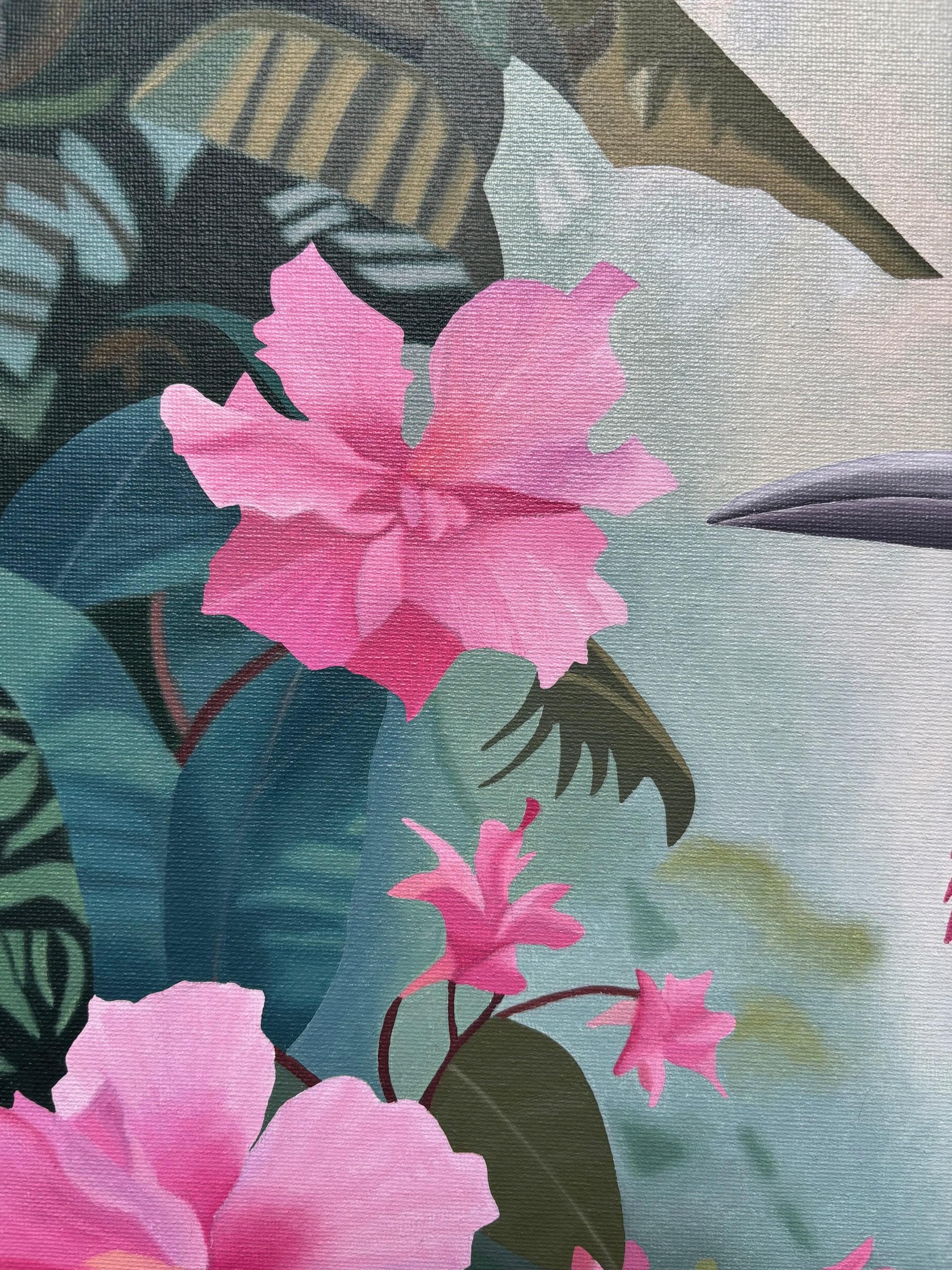熱帯の鳥の油絵：ピンクのジャングルの花、額入りキャンバスアート