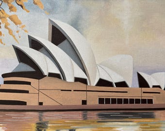 シドニー・オペラハウスの油絵：ゴールデン・ワトル、オーストラリアの