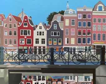 Cycling In Amsterdam, limited edition print of original oil painting, buildings, architecture, canal, reflections, bicycles, colourful