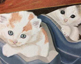 Kittens In Trainers, limited edition print of original oil painting, cute calico cats, grey, brown