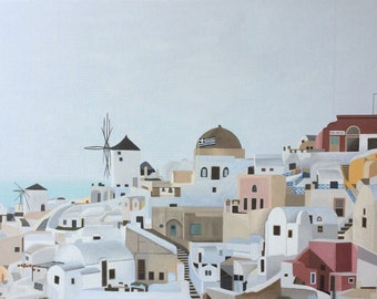 Greece, limited edition print of original oil painting, white buildings, architecture, landscape