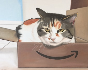 Cat In An Amazon Box, limited edition print of original oil painting, calico cat, funny cat wall art, cute