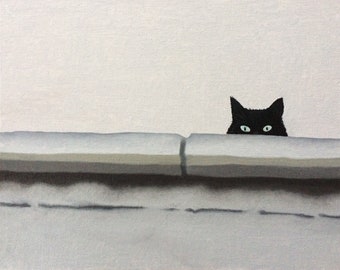 Cat On The Garage, original oil painting on canvas, black and white, small framed artwork, cute black cat