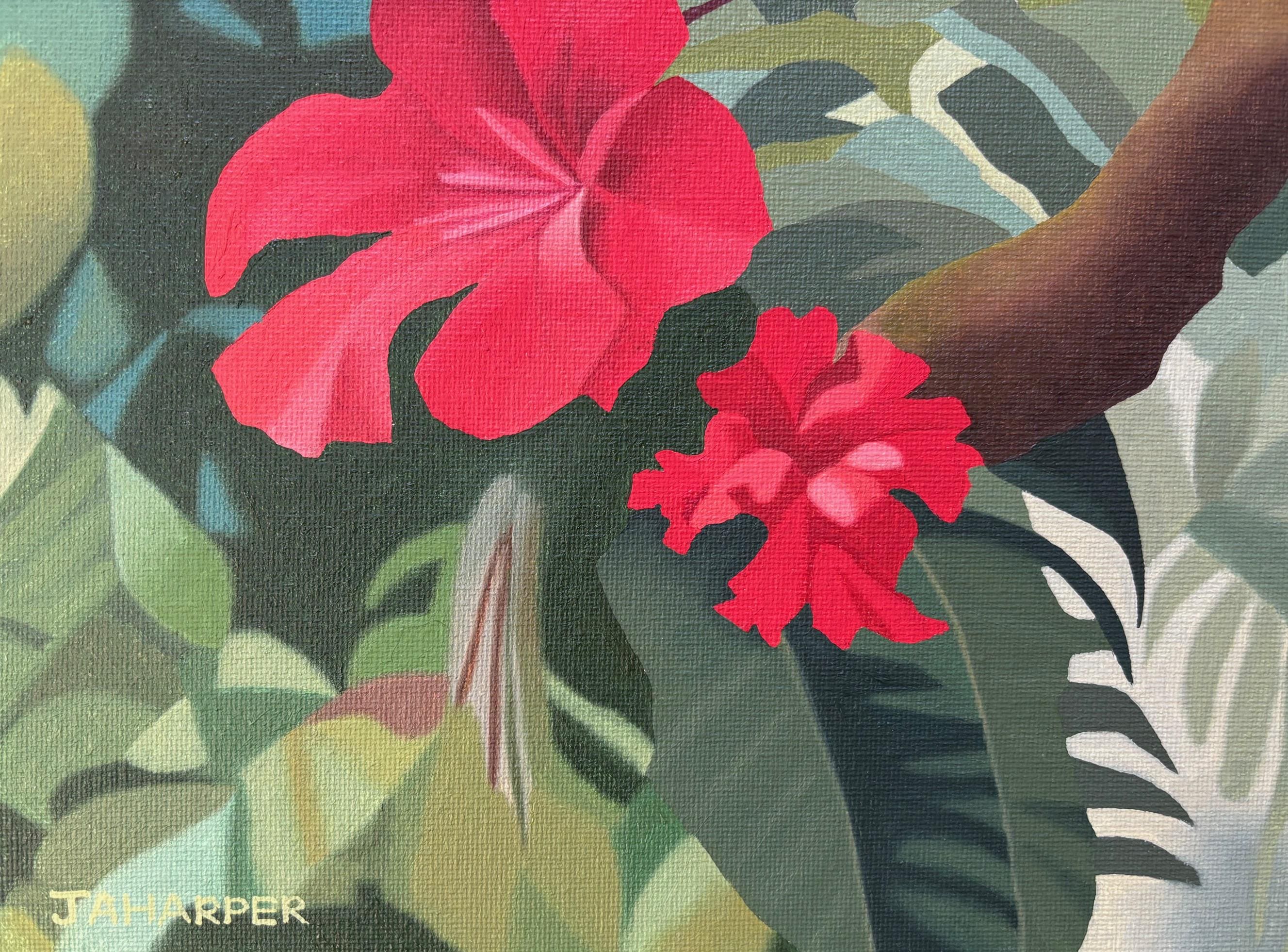 熱帯の鳥の油絵：赤い鳥、ジャングルの花、額入りキャンバスアート