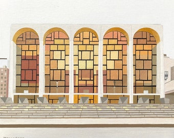 Metropolitan Opera House, The Met, Lincoln Center, New York, Architecture, Oil Painting on Canvas, framed, white, orange