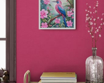 熱帯の鳥の油絵：ピンクのジャングルの花、額入りキャンバスアート