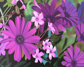 Prado púrpura, pintura de flores, óleo sobre lienzo, enmarcado, obra de arte floral, primavera