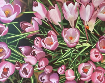 Pink Crocus Oil Painting: Spring Floral Field, Framed Art (26x18)