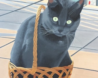 Cat In A Basket, limited edition print of original oil painting, black cat, funny cat wall art