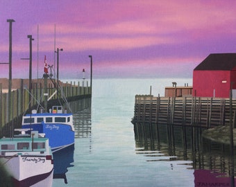 Boat painting, original oil on canvas, Halls Harbour, Canada wall art