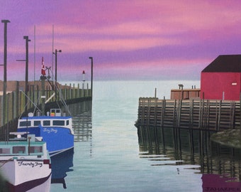 Canada, Halls Harbour, limited edition print of original oil painting, fishing boat, sunset, landscape, purple, reflections, marina