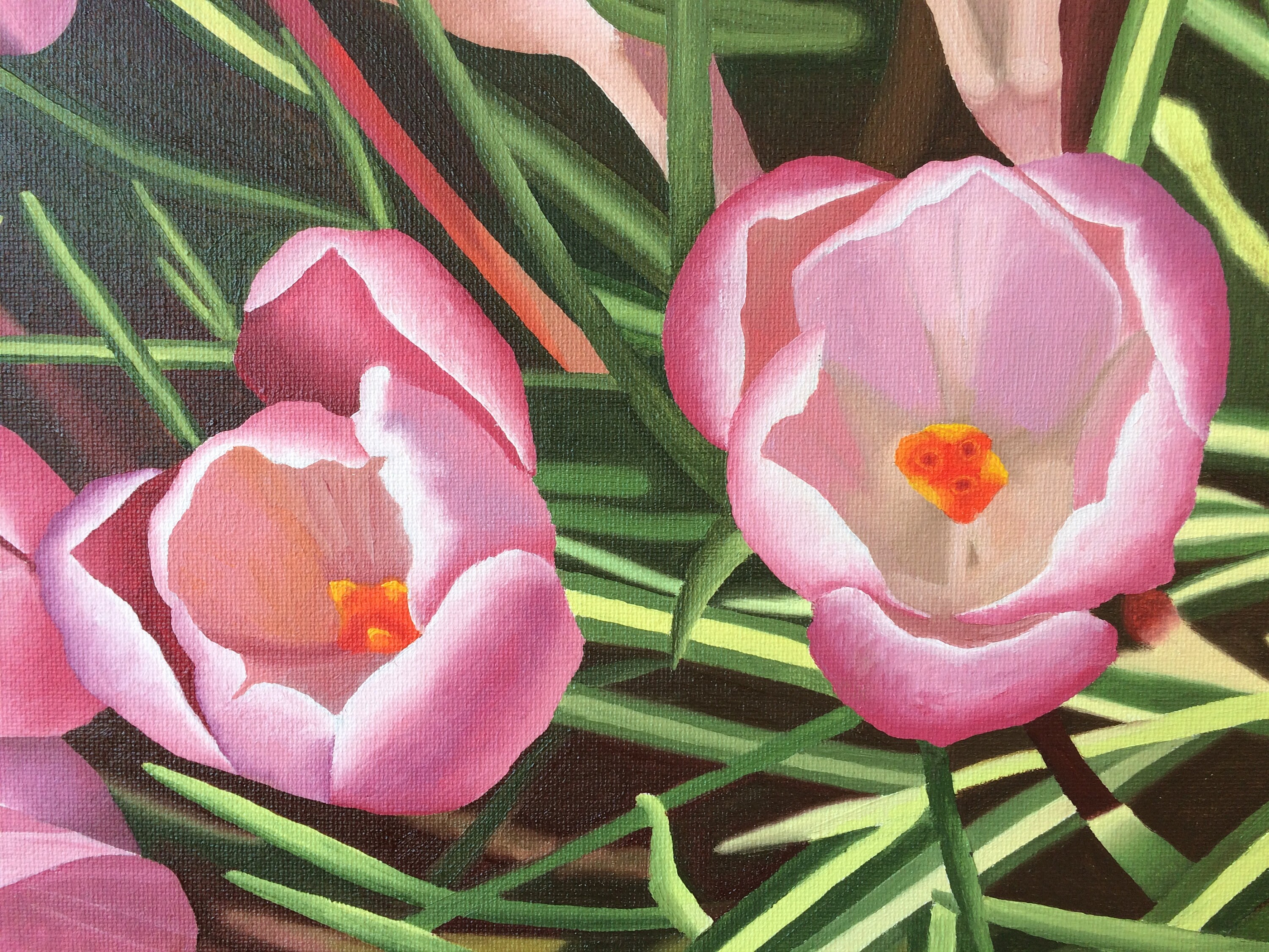 ピンクのクロッカスの油絵：春の花畑、額入りアート（26x18） - Etsy 日本