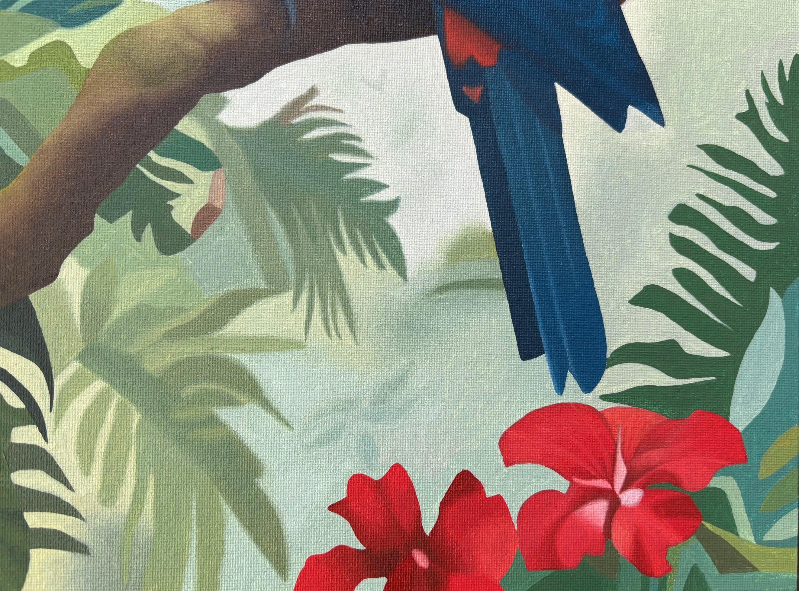 熱帯の鳥の油絵：赤い鳥、ジャングルの花、額入りキャンバスアート
