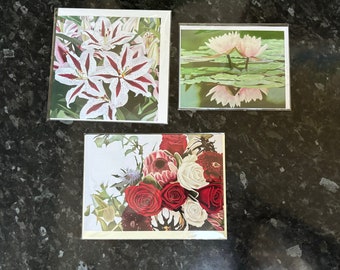 Art Greetings Cards, flowers, roses, lilies, lotus flower, red, white, pink, floral