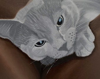 Cat On The Couch, limited edition print of original oil painting, cute grey cat, wall art, brown