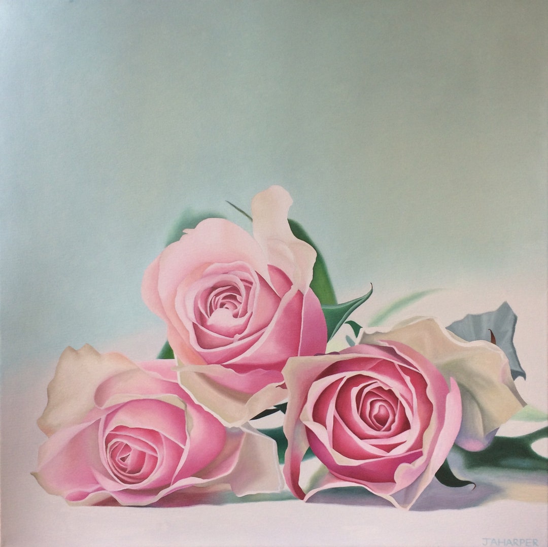 rose pink絵画3点 Three Pink Roses Original Oil Painting on Canvas, Large Square