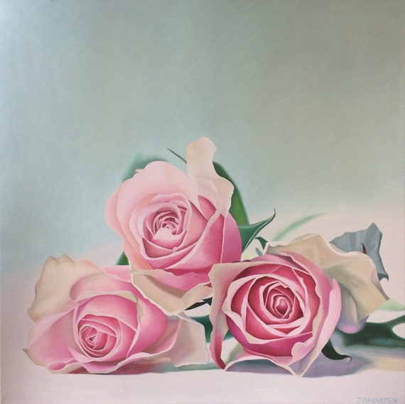Three Pink Roses Original Oil Painting on Canvas, Large Square