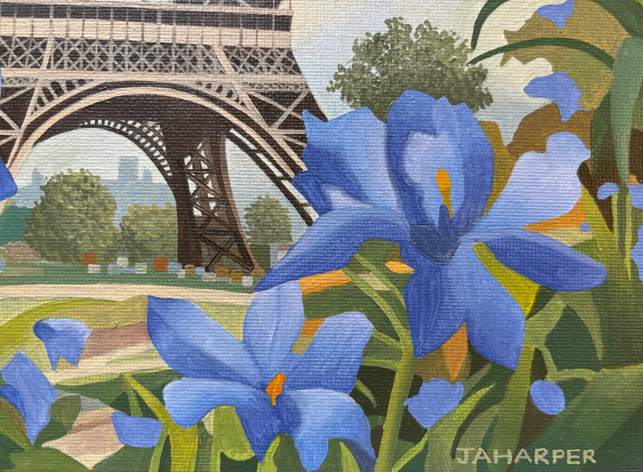 絵画　エッフェル塔とアイリス Eiffel Tower With Fleur-de-lys, Original Oil Painting on Canvas