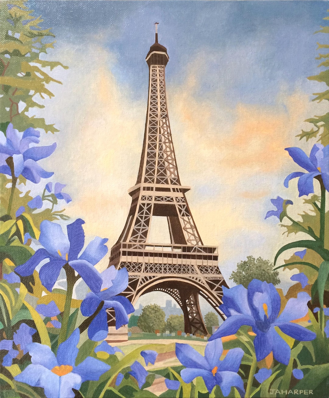 絵画　エッフェル塔とアイリス Eiffel Tower With Fleur-de-lys, Original Oil Painting on Canvas